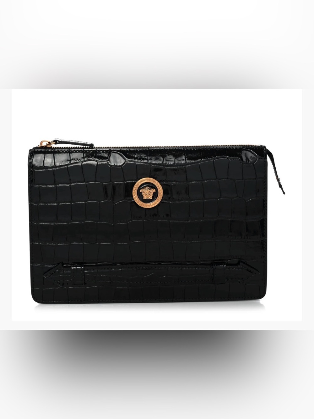 Versace Black Croc-Embossed Leather Zip Pouch with Gold Medusa Accent